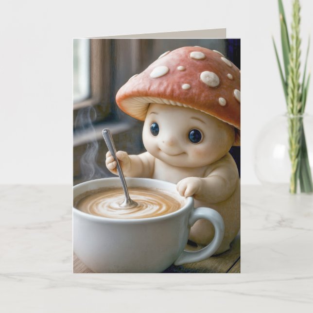 Födelsedag Mushroom Munchkin Stirring Morgonkaffe Kort (Framsida)