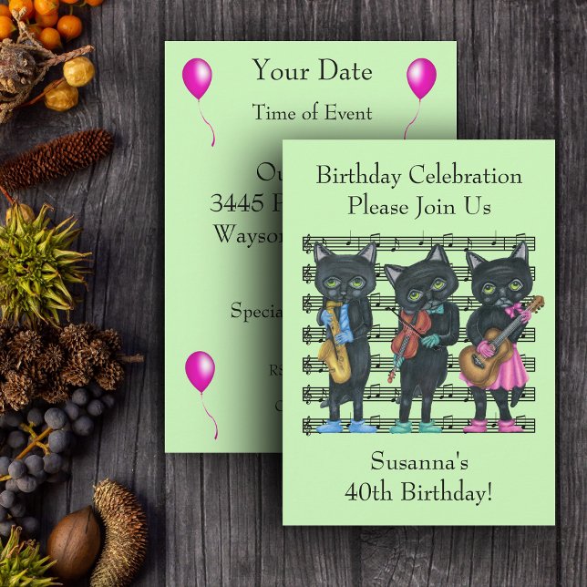 Födelsedag Musician Svarta katter Lakan Music Grön Inbjudningar (Three black Cat musicians playing instruments sheet music on light green Birthday party invitations.)