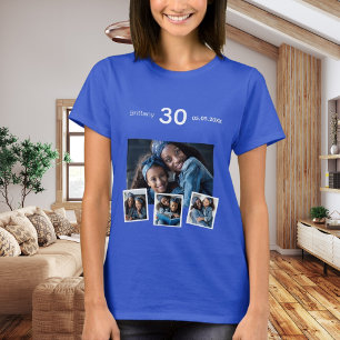 Födelsedag namn, ålders fotokollage blått t shirt