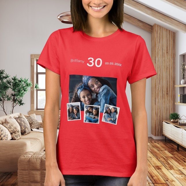 Födelsedag namn, ålders fotokollage röd t shirt (Skapare uppladdad)