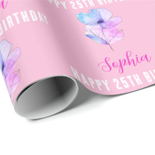 Födelsedag, Namn, Rosa och blått vattenfärgsblomma Presentpapper