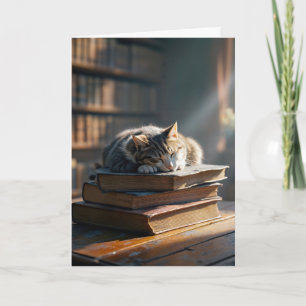 Födelsedag nära Tabby katt vid Bibliotek Bokar Kort