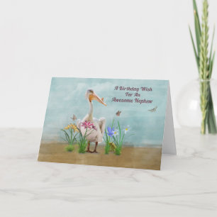 Födelsedag, Nephew, Pelican, Blommor och fjärilar Kort