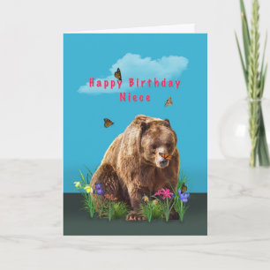Födelsedag, Niece, Bear och Butterflies Kort