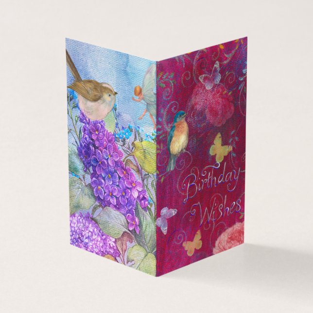 Födelsedag Önskemål med blommor Fågelfjäril Kort (Utsida)