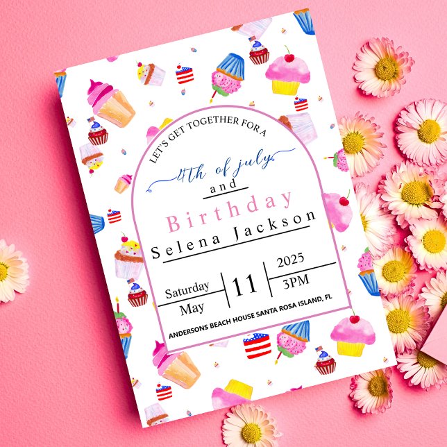 Födelsedag på självständighetsdagen  rosa cupcakes inbjudningar (Skapare uppladdad)