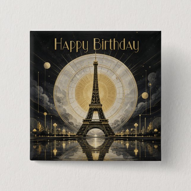 Födelsedag Paris Eiffeltornet Guld Deco Knapp (Framsida)