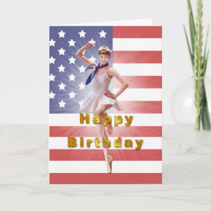 Födelsedag, patriotisk Ballerina och USA flagga Kort