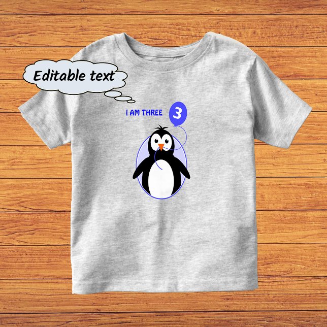 Födelsedag, penguin anpassningsbar, blått, tre år  tröja (Sample shows gray color t-shirt with 'vivid printing' option)