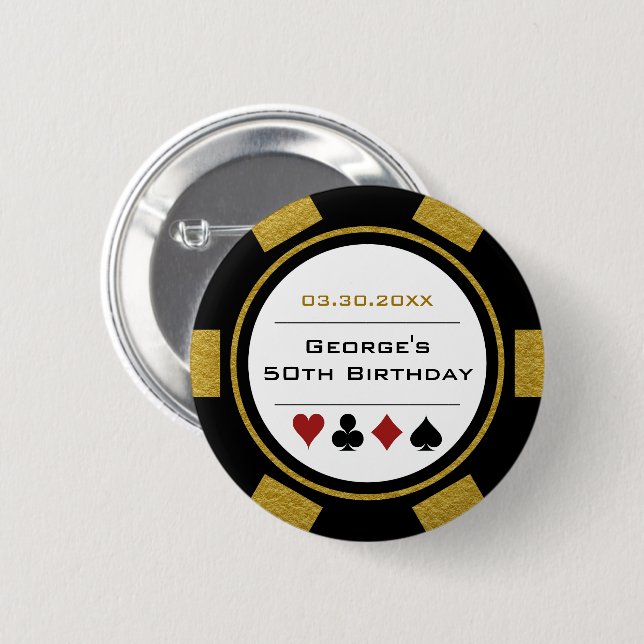 Födelsedag Poker Chip Casino Theme Guld Black Knapp (Framsida & baksida)