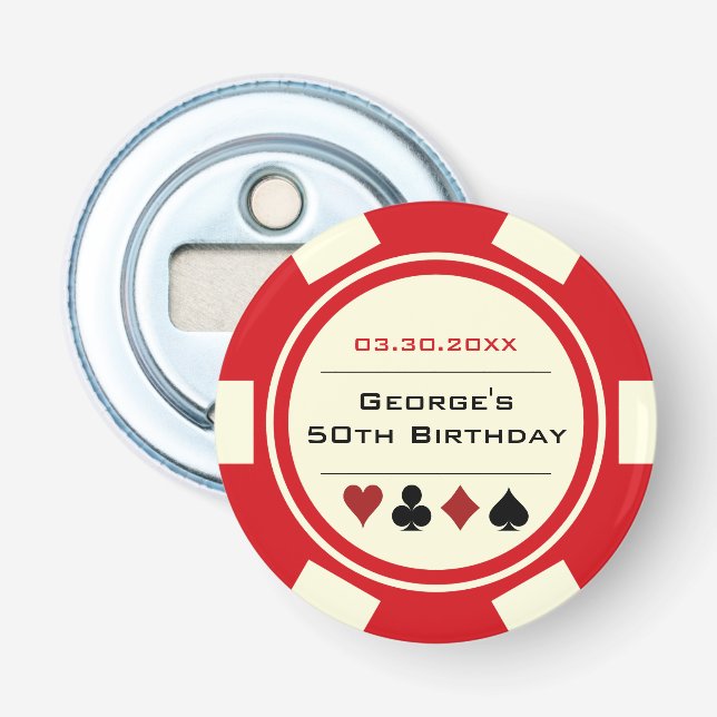 Födelsedag Poker Chip Casino Theme Red Benvit Flasköppnare (Framsidan)