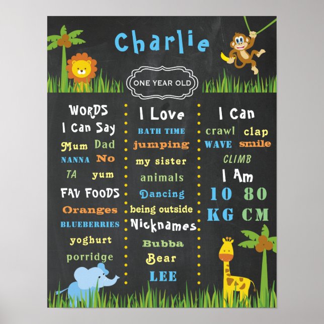 Födelsedag Poster Baby Jungle Theme One Party Sign (Framsidan)