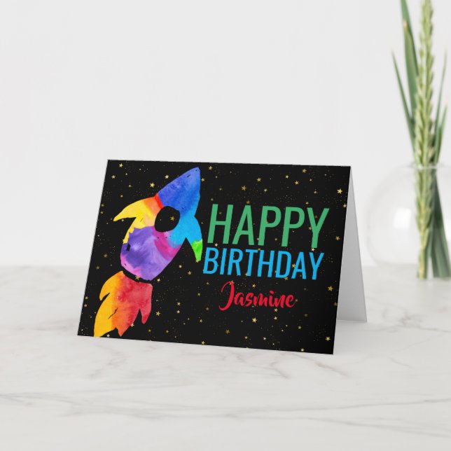 Födelsedag Regbow Watercolor Rocket Rymden Kort (Framsida)