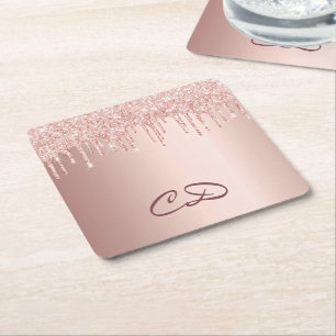 Födelsedag ro guld droppar rosa monogram initialer underlägg papper kvadrat