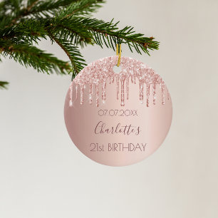 Födelsedag ro guld glitter droppar rosa 21 chic julgransprydnad keramik