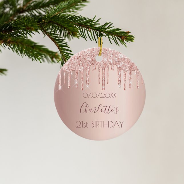 Födelsedag ro guld glitter droppar rosa 21 chic julgransprydnad keramik (Skapare uppladdad)