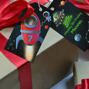 Födelsedag Rocket med foto Astronaut UFO Alien Presentetikett