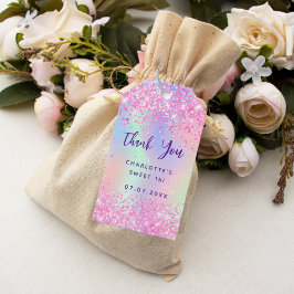 Födelsedag rosa glitter holografiskt tack presentetikett