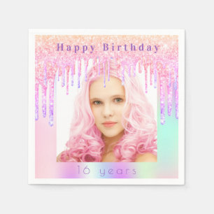 Födelsedag rosa lila glitter droppar foto  pappersservett