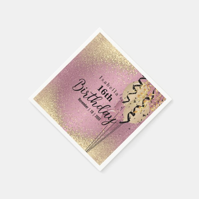 Födelsedag rosa ros och Guld Glitter Pappersservett (Hörn)