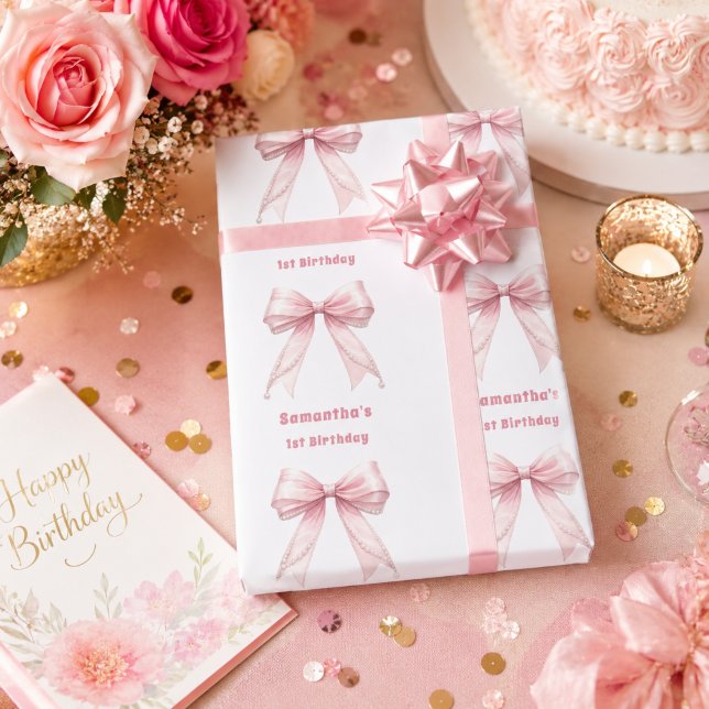 Födelsedag rosa rosett pärlor flicka presentpapper (Skapare uppladdad)