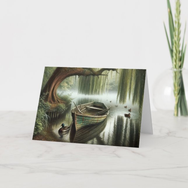 Födelsedag: Rowboat under en Weeping Willow Kort (Framsida)