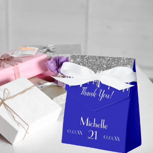 Födelsedag royal blå silver glitter vit monogram presentaskar