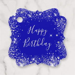 Födelsedag royal blue silver glitter monogram gåvor etiketter