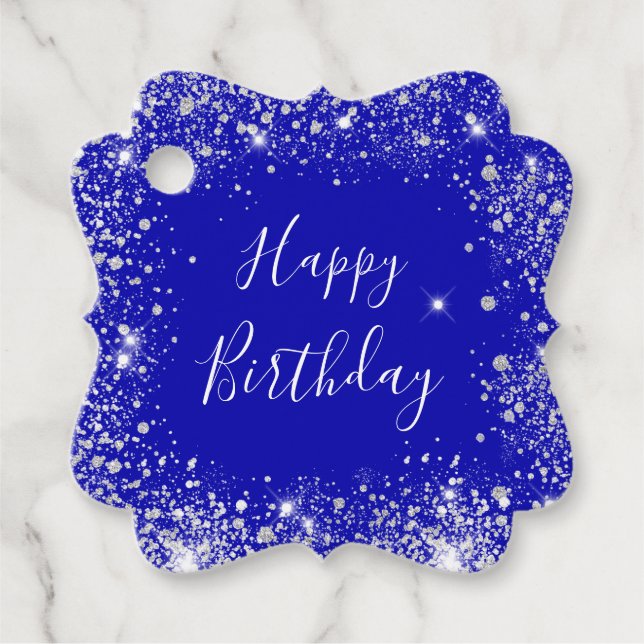 Födelsedag royal blue silver glitter monogram gåvor etiketter (Framsida)