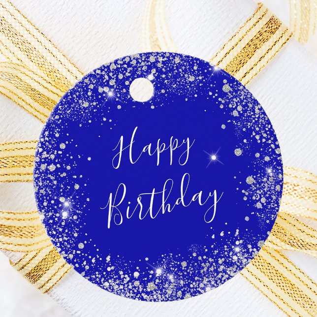Födelsedag royal Blue silver glitter stoftmonogram Gåvor Etiketter (Skapare uppladdad)