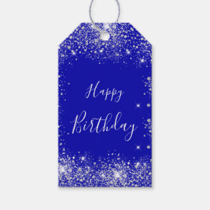 Födelsedag royal Blue silver glitter stoftmonogram Presentetikett
