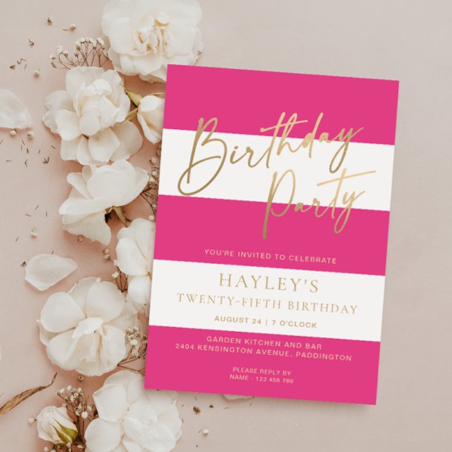 Födelsedag shock rosa Guld Inbjudningar (Hot Pink Stripe Birthday Invitation )