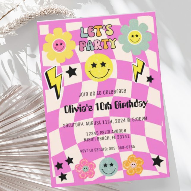 Födelsedag Shock rosa Y2K Lycklig Ansikte Party Inbjudningar (Skapare uppladdad)