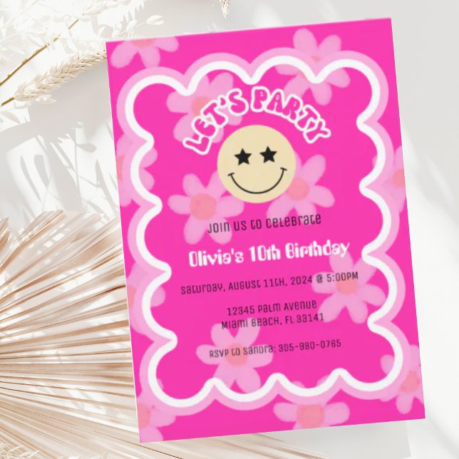 Födelsedag Shock rosa Y2K Lycklig Ansikte Party Inbjudningar (Skapare uppladdad)