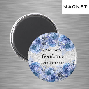 Födelsedag silver blå blommor spara datumet magnet