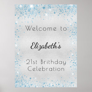 Födelsedag silver blå glitter damm namn välkomna poster