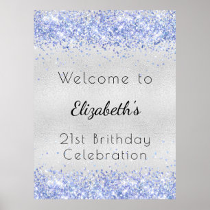 Födelsedag silver blå glitter namn poster