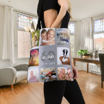 Födelsedag silver fotocollage namn tygkasse<br><div class="desc">En unik gåva till en kvinnas 60:e (eller någon annan ålder) födelsedag, som firar hennes liv med en kollage av 8 av dina egna foton, bilder. Anpassa och lägg till hennes namn, 60 år och en dejt. En chic faux silver metallic tittar bakgrund. Grått och vitt brev och nummer. Namn...</div>