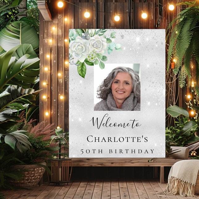 Födelsedag silver fotoglitter blommor välkommen poster (Skapare uppladdad)