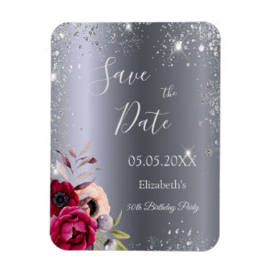 Födelsedag silver glitter blommigt Spara datum Magnet