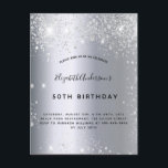 Födelsedag silver glitter damm metall inbjudan vykort<br><div class="desc">En modern, snyggt och glamorös inbjudan till en kvinnas 50:e (eller någon ålder) födelsedagsfest. En faux silver metallisk tittar bakgrund med faux silver glitter damm. Namn är skrivet med ett modernt skript för svart hand skrivet stil. Anpassa och lägg till information om namn, ålder och party. Baksida: Faux silver-bakgrund, vykortsdesign....</div>