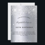 Födelsedag silver glitter damm metall inbjudningar<br><div class="desc">En modern,  snyggt och glamorös inbjudan till en kvinnas 50:e (eller någon ålder) födelsedagsfest. En faux silver metallisk tittar bakgrund med faux silver glitter damm. Namn är skrivet med ett modernt skript för svart hand skrivet stil. Anpassa och lägg till information om namn,  ålder och party.</div>