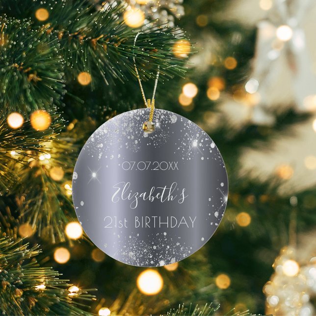 Födelsedag silver glitter damm namn elegant julgransprydnad keramik (Skapare uppladdad)