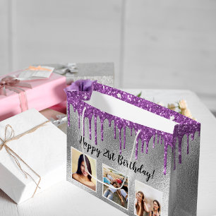 Födelsedag silver glitter droppar lila anpassnings