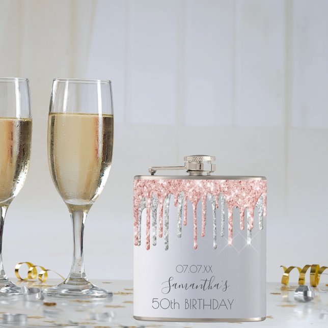 Födelsedag silver glitter droppar ro guld-vänner fickplunta (Skapare uppladdad)