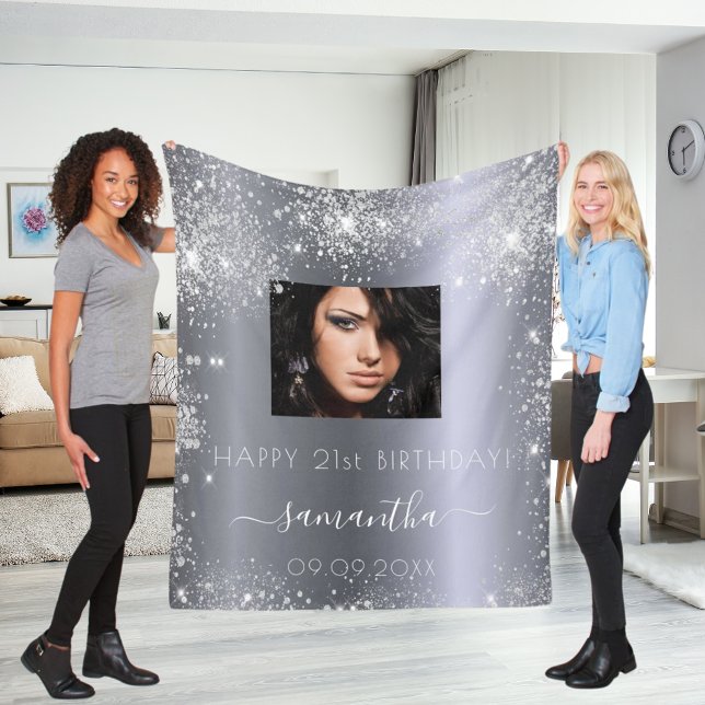 Födelsedag silver glitter fotoskript namn fleecefilt (Skapare uppladdad)