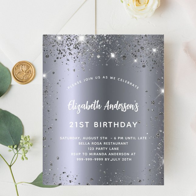 Födelsedag silver glitter glam budget inbjudan flygblad (Skapare uppladdad)
