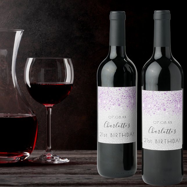 Födelsedag silver glitter lila metall vinflaska etikett (Skapare uppladdad)