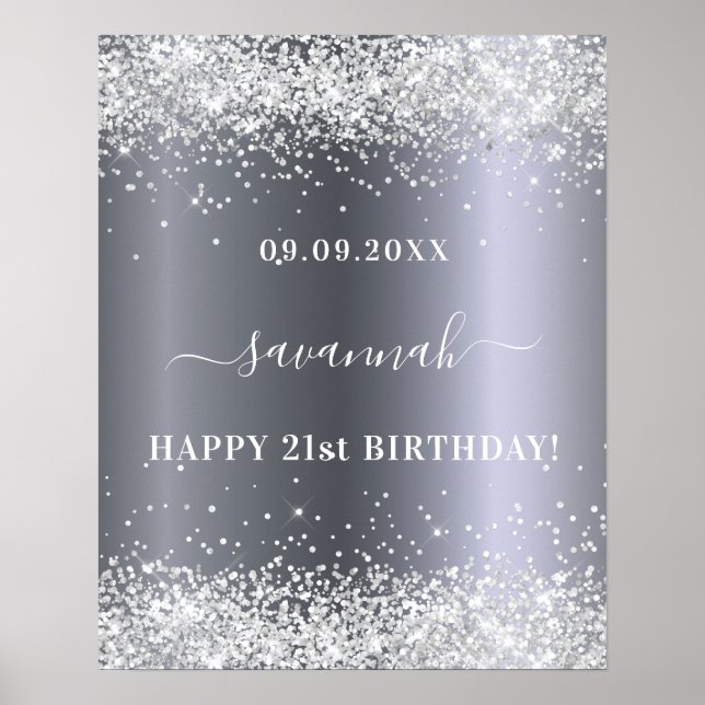 Födelsedag silver glitter namn fest välkommen  poster (Framsidan)