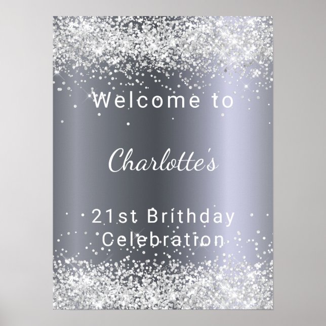 Födelsedag silver glitter namn poster (Framsidan)
